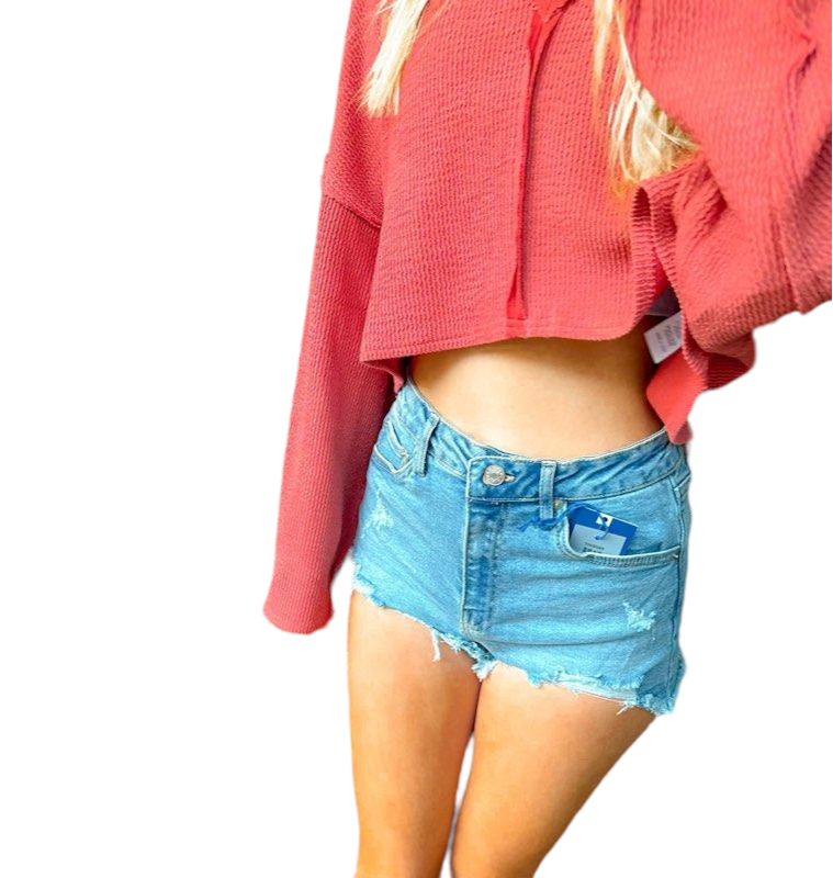 Chic High Waisted Frayed Denim Shorts in Light Blue Preppy Palette Boutique