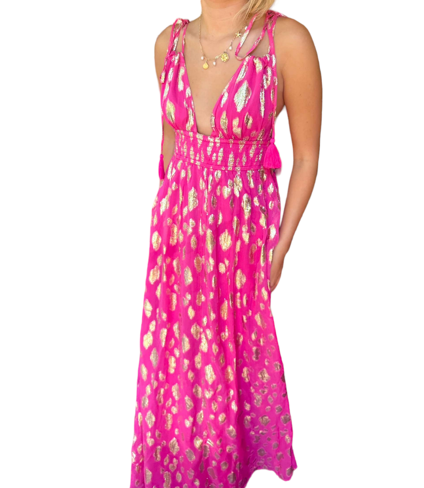 Sparkling Elegance: Tie Shoulder Maxi Dress with Lurex Spots