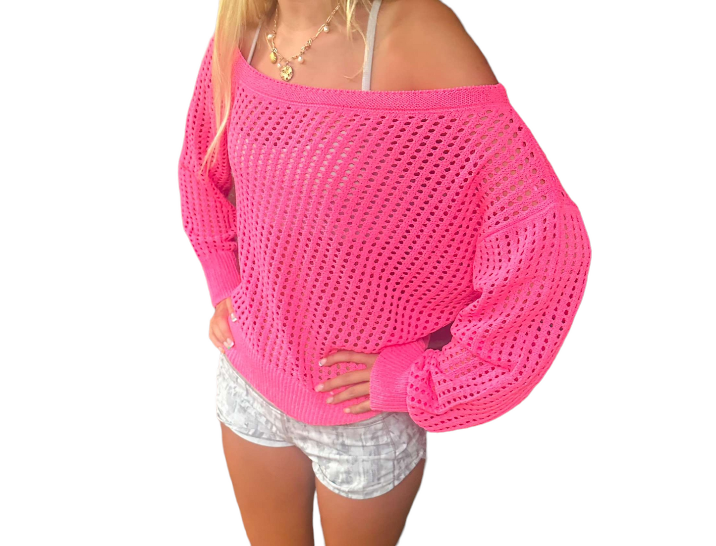 One-Shoulder Hot Pink Knit Pullover