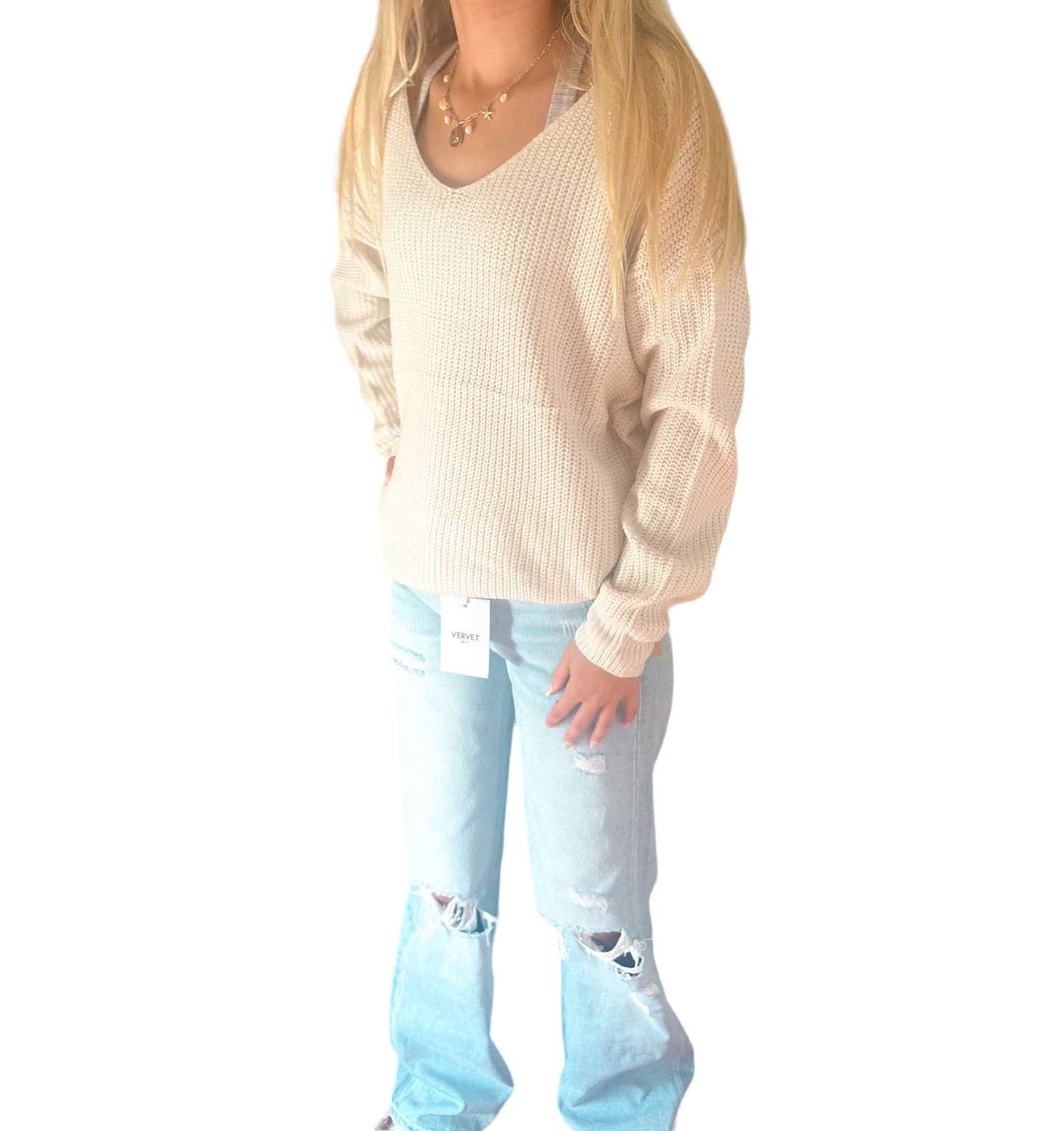 Twisted Elegance: Cream Knit Sweater