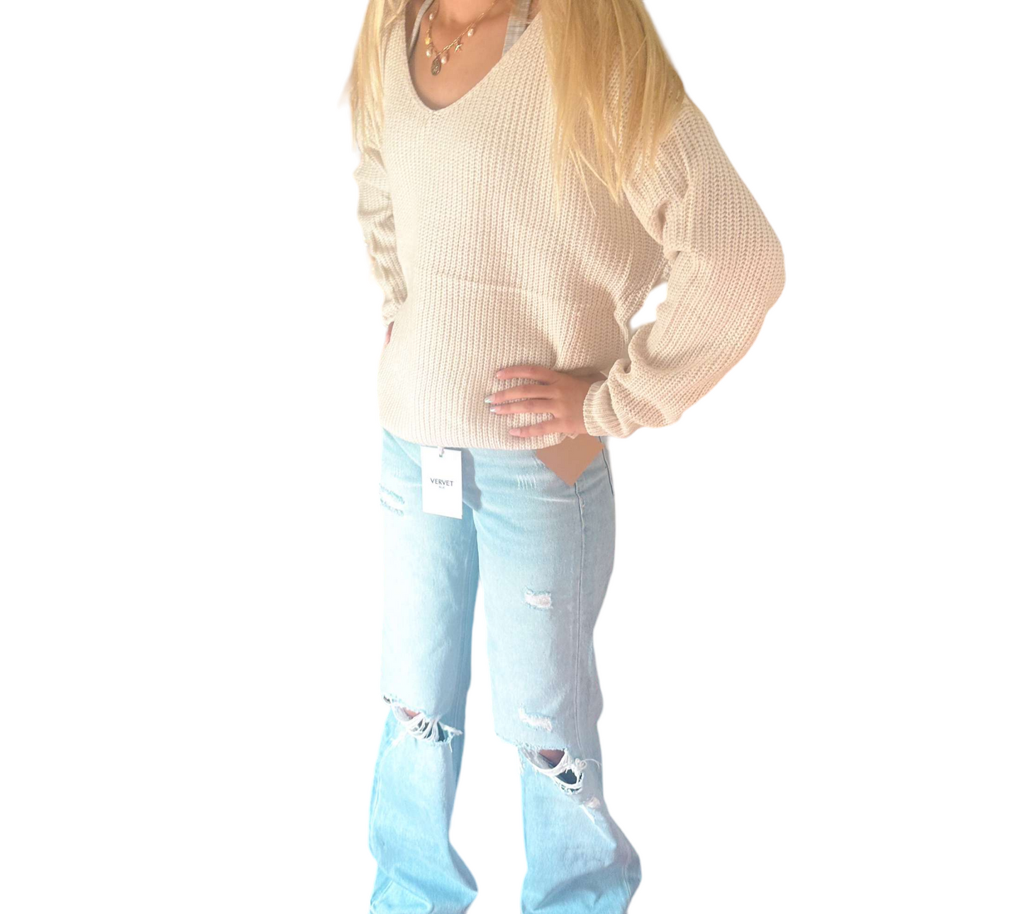 Twisted Elegance: Cream Knit Sweater
