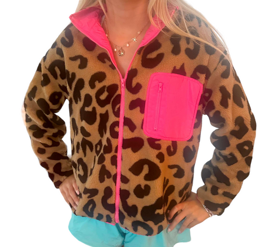 Spotted Style: Pink-Trimmed Leopard Fleece Jacket