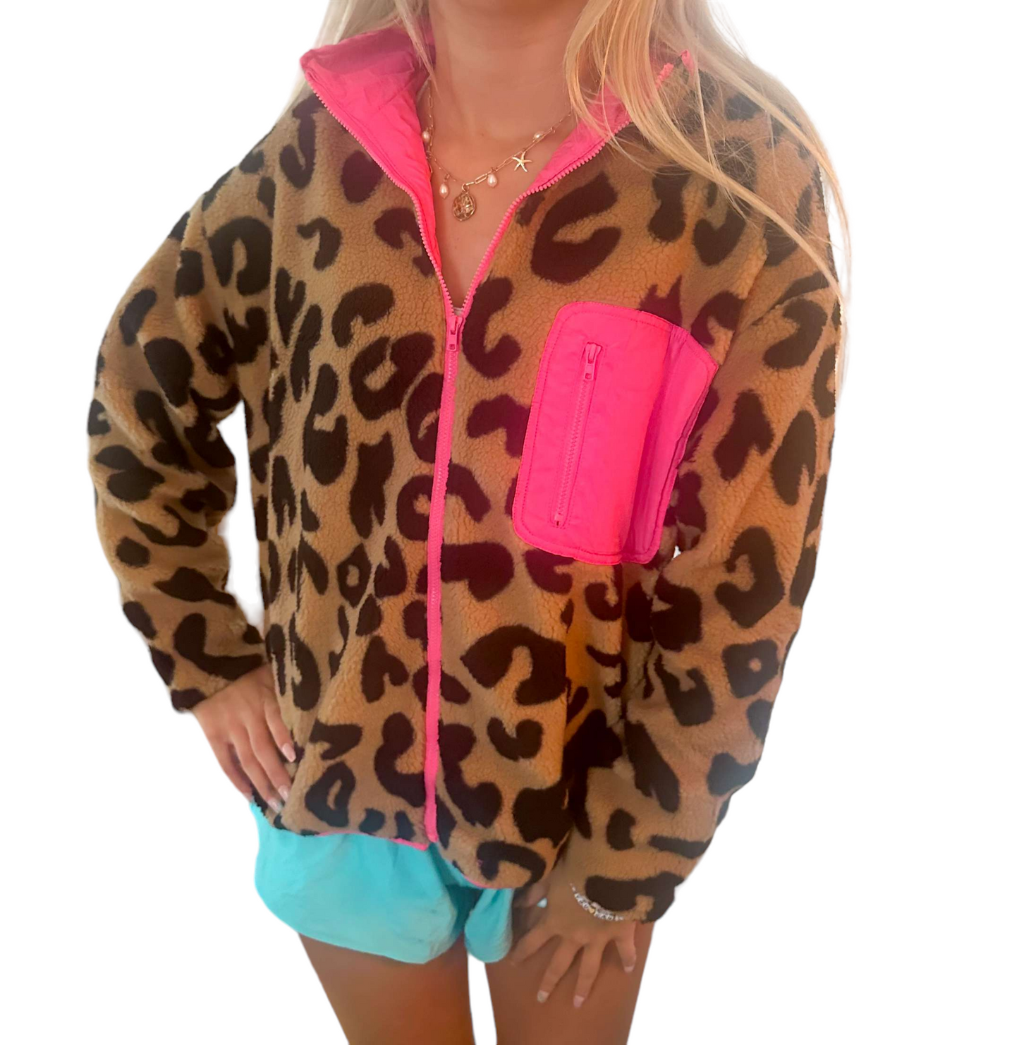 Spotted Style: Pink-Trimmed Leopard Fleece Jacket
