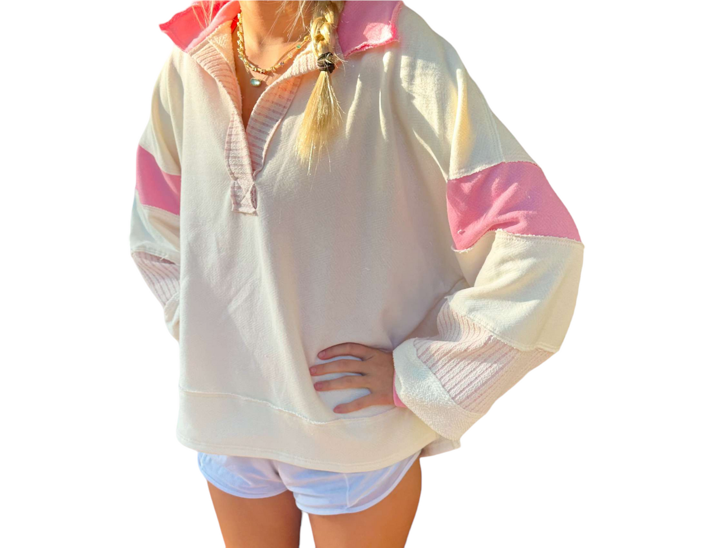 Dawson Top: Pink & Ivory Color-Block Collared Top