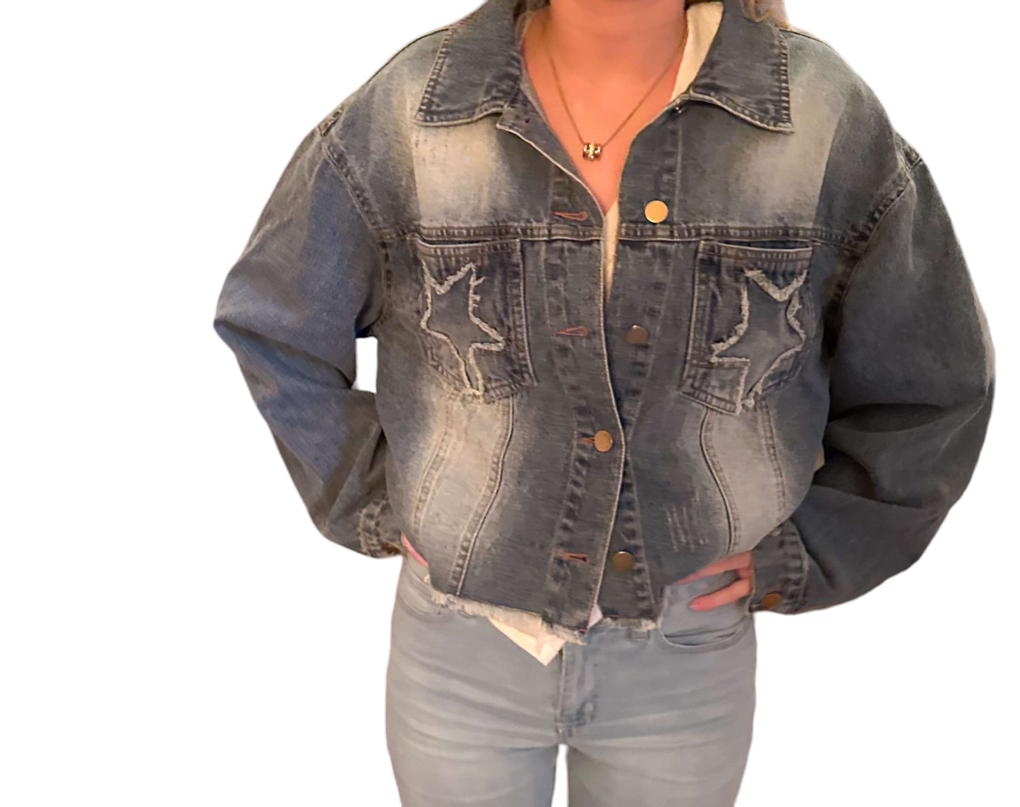 Frayed Starburst Distressed Denim Jacket
