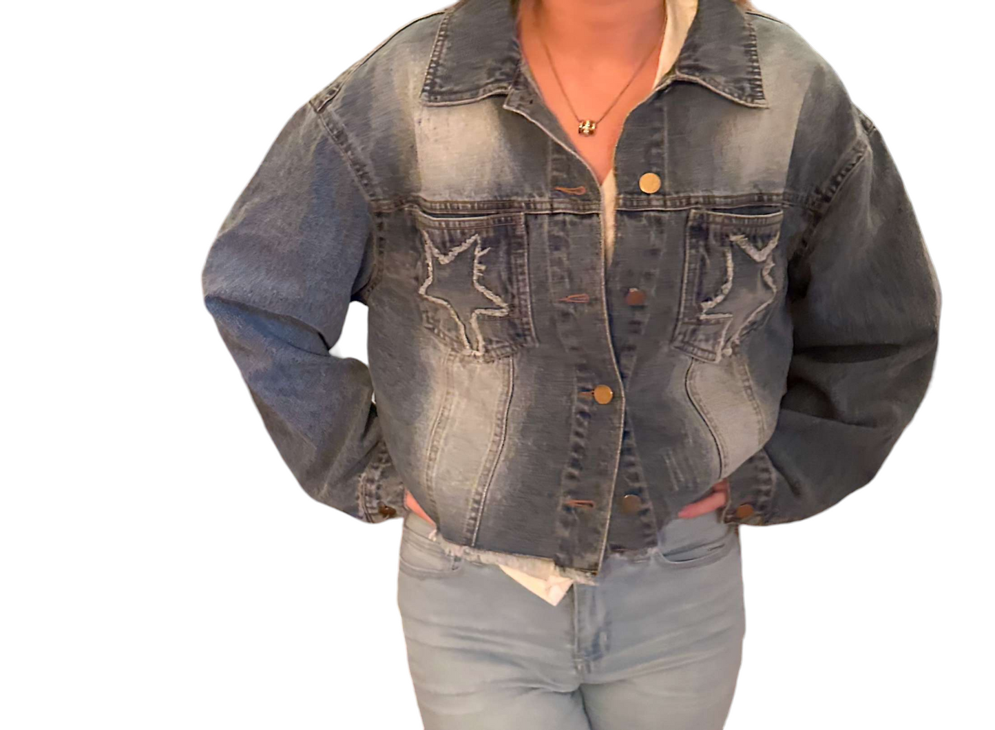 Frayed Starburst Distressed Denim Jacket