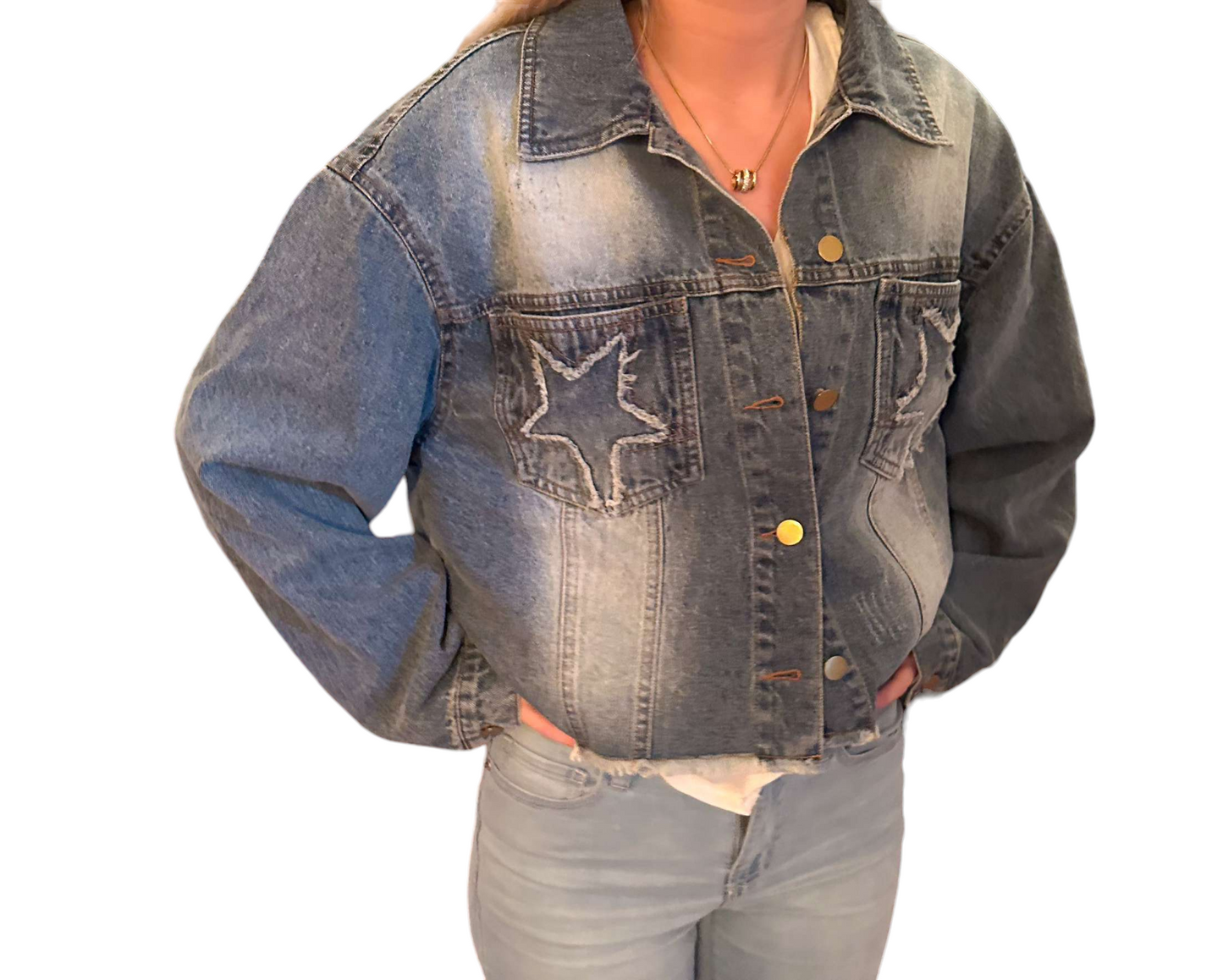 Frayed Starburst Distressed Denim Jacket