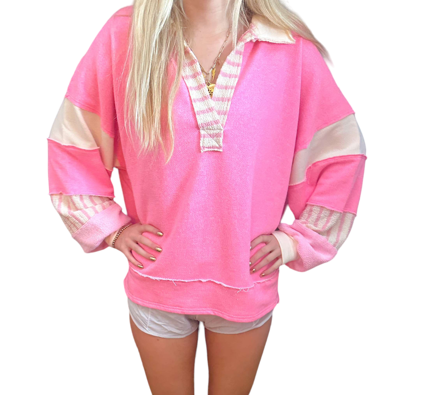 Vibrant Neon Pink Color-Block Collared Top