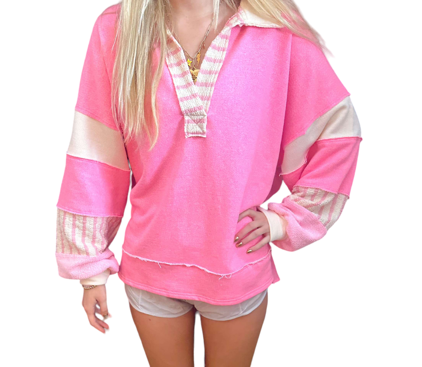 Vibrant Neon Pink Color-Block Collared Top