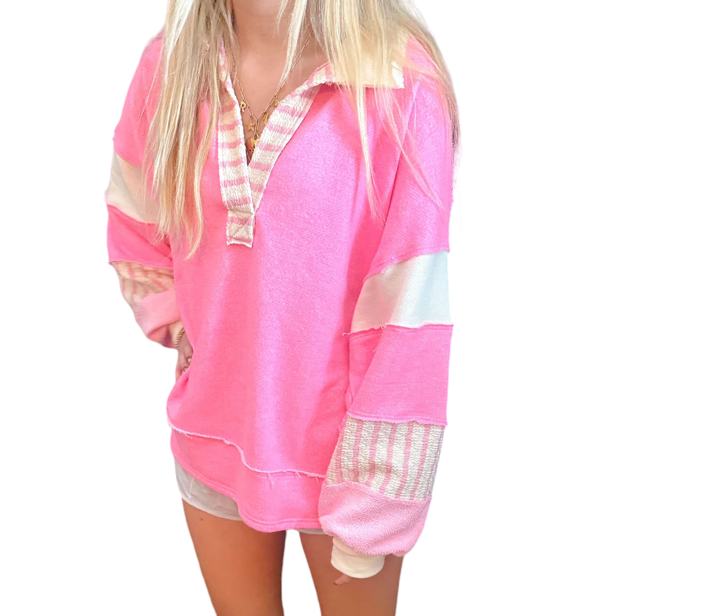 Vibrant Neon Pink Color-Block Collared Top