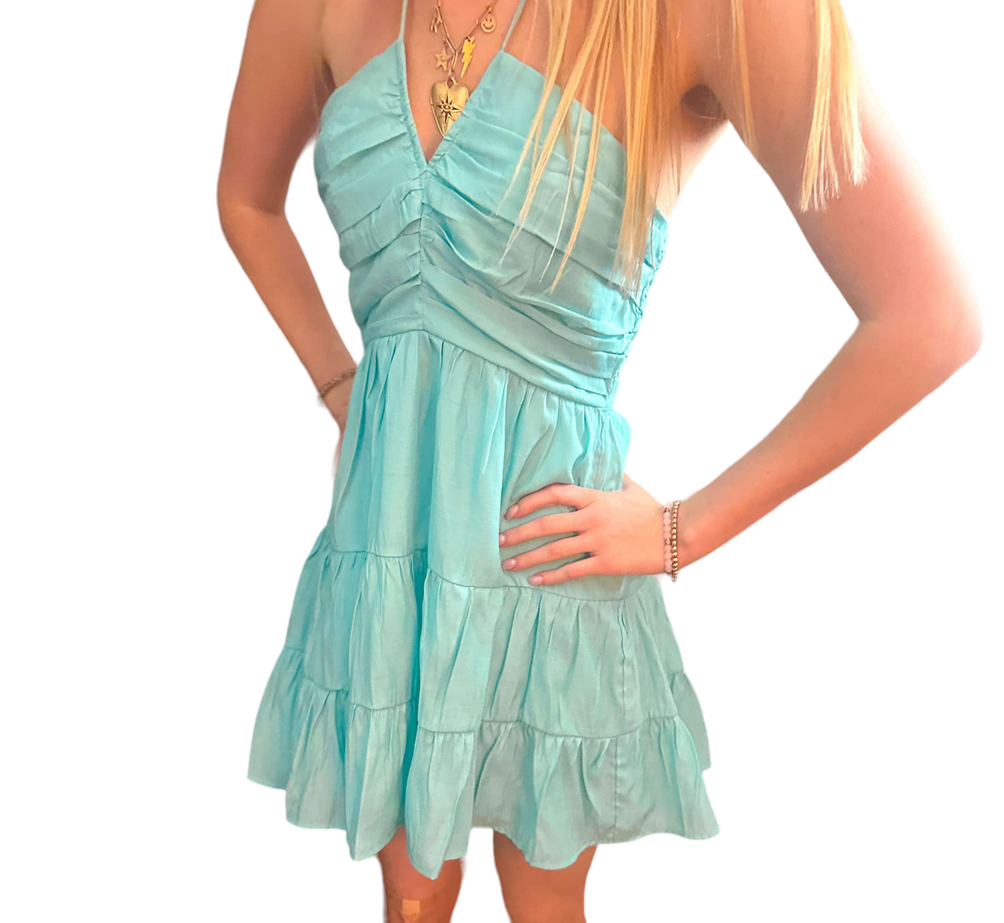 Aqua Bliss Tiered Halter Mini Dress