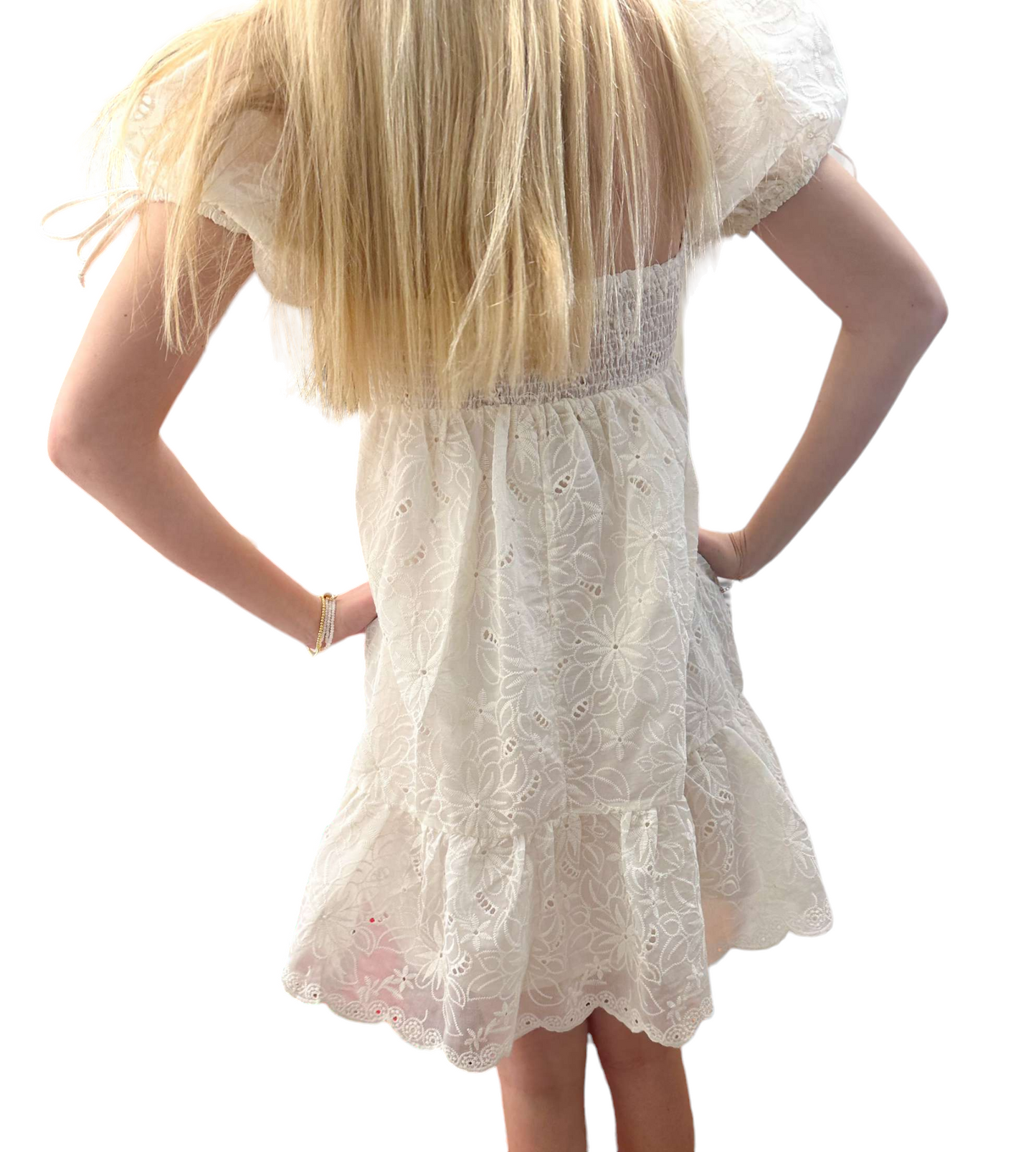 Charming Cream Eyelit Baby Doll Dress with Puff Sleeves