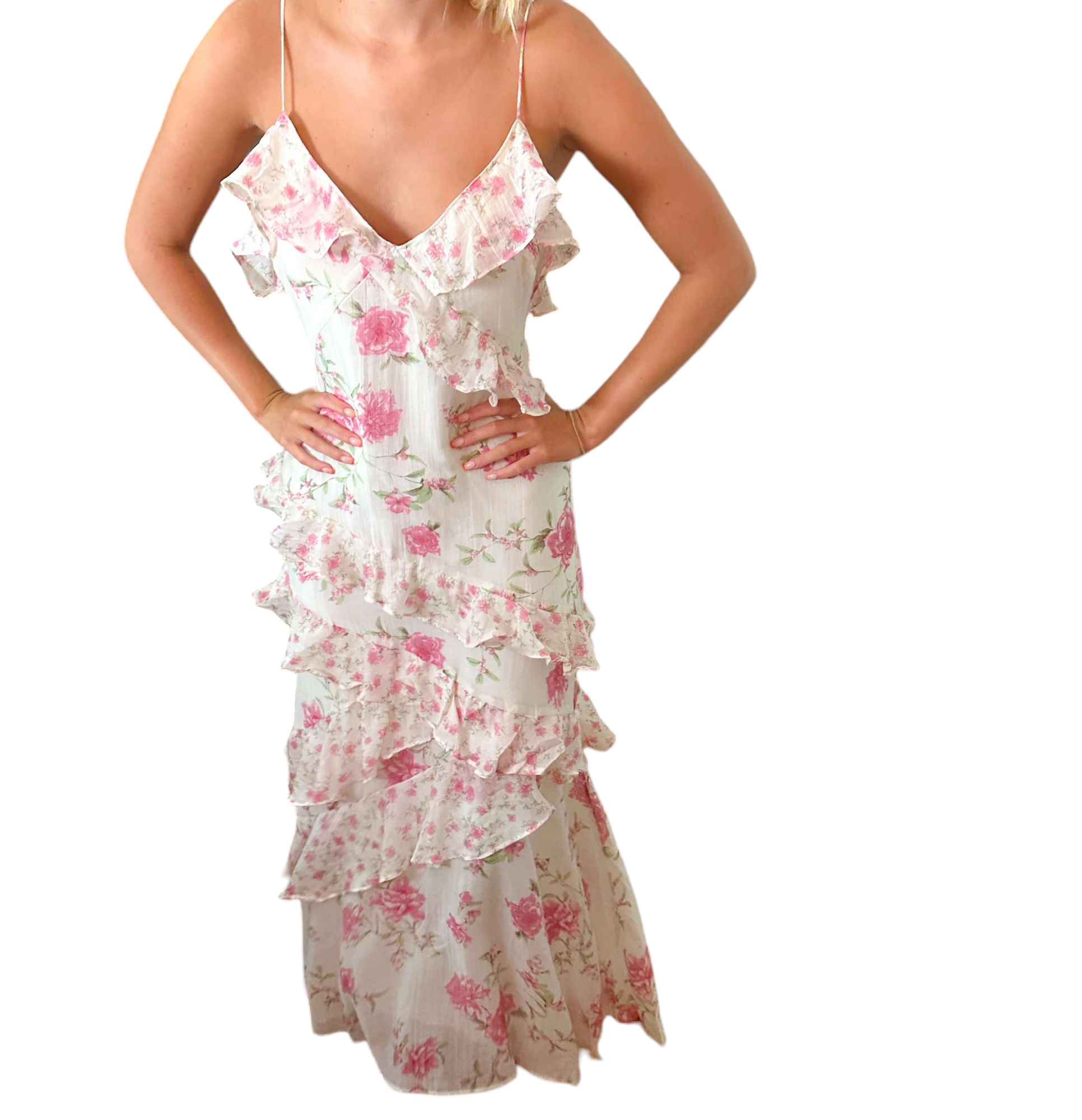Floral Pink and Ivory Ruffled Tiered Maxi Dress, Adeline Large Floral Pink and Ivory Ruffled Tiered Maxi Dress, Adeline Large