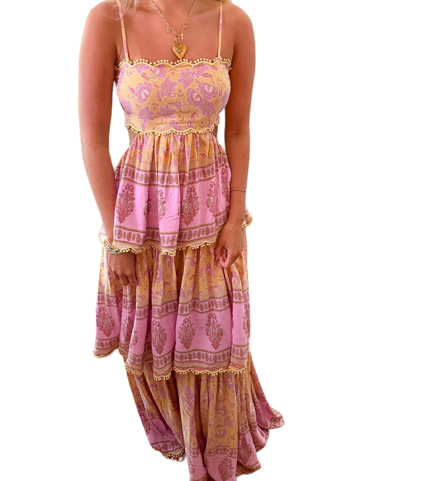 Pom Pom Paradise: 3-Tiered Maxi Dress with Adjustable Straps