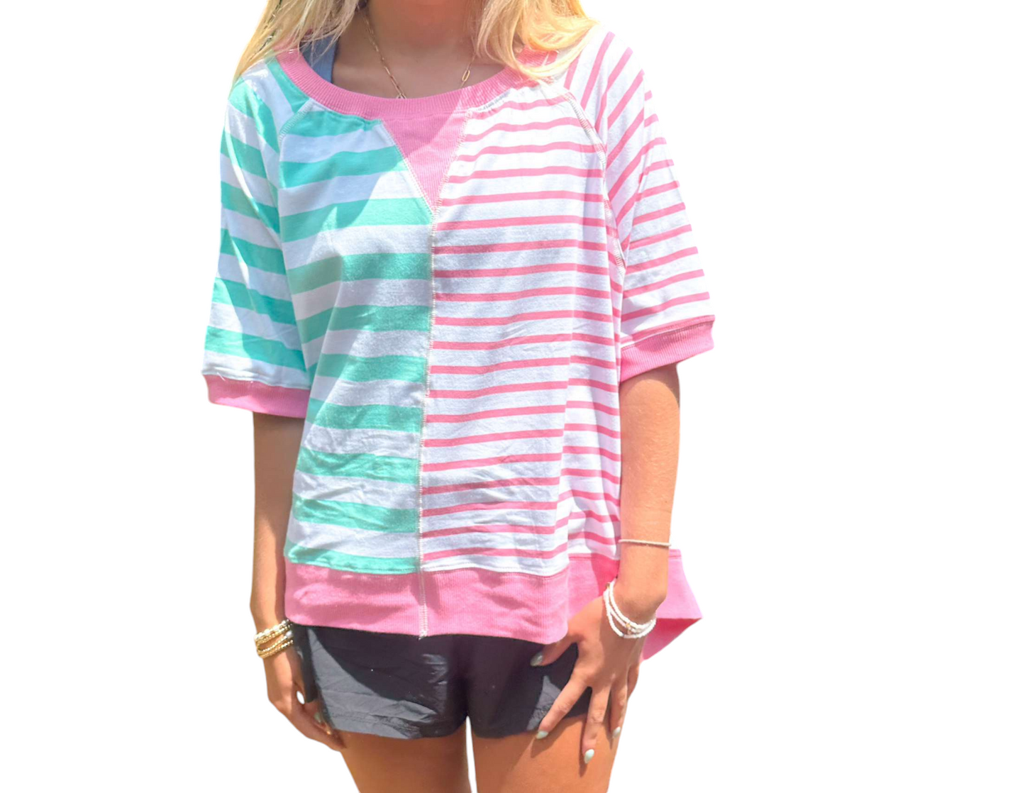 Patchwork Paradise: Oversized Blue and Pink Striped Top