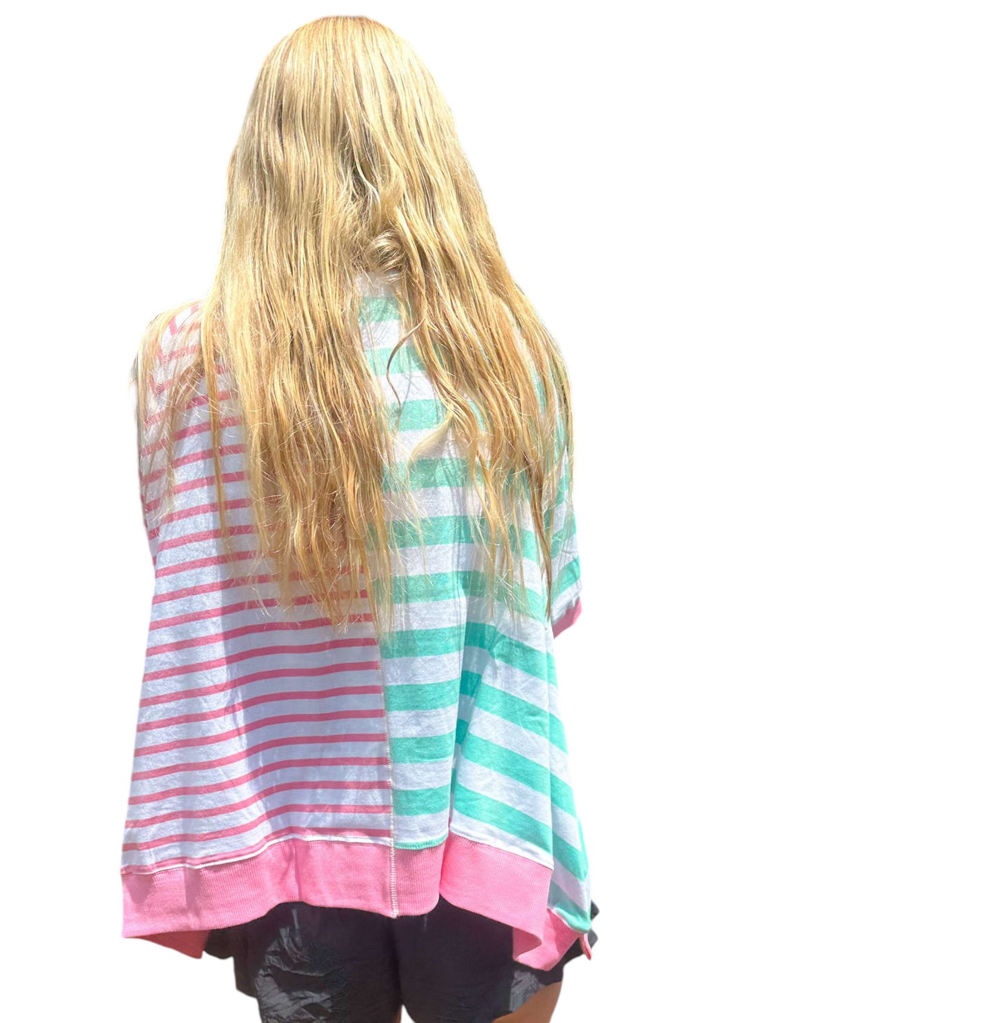 Patchwork Paradise: Oversized Blue and Pink Striped Top