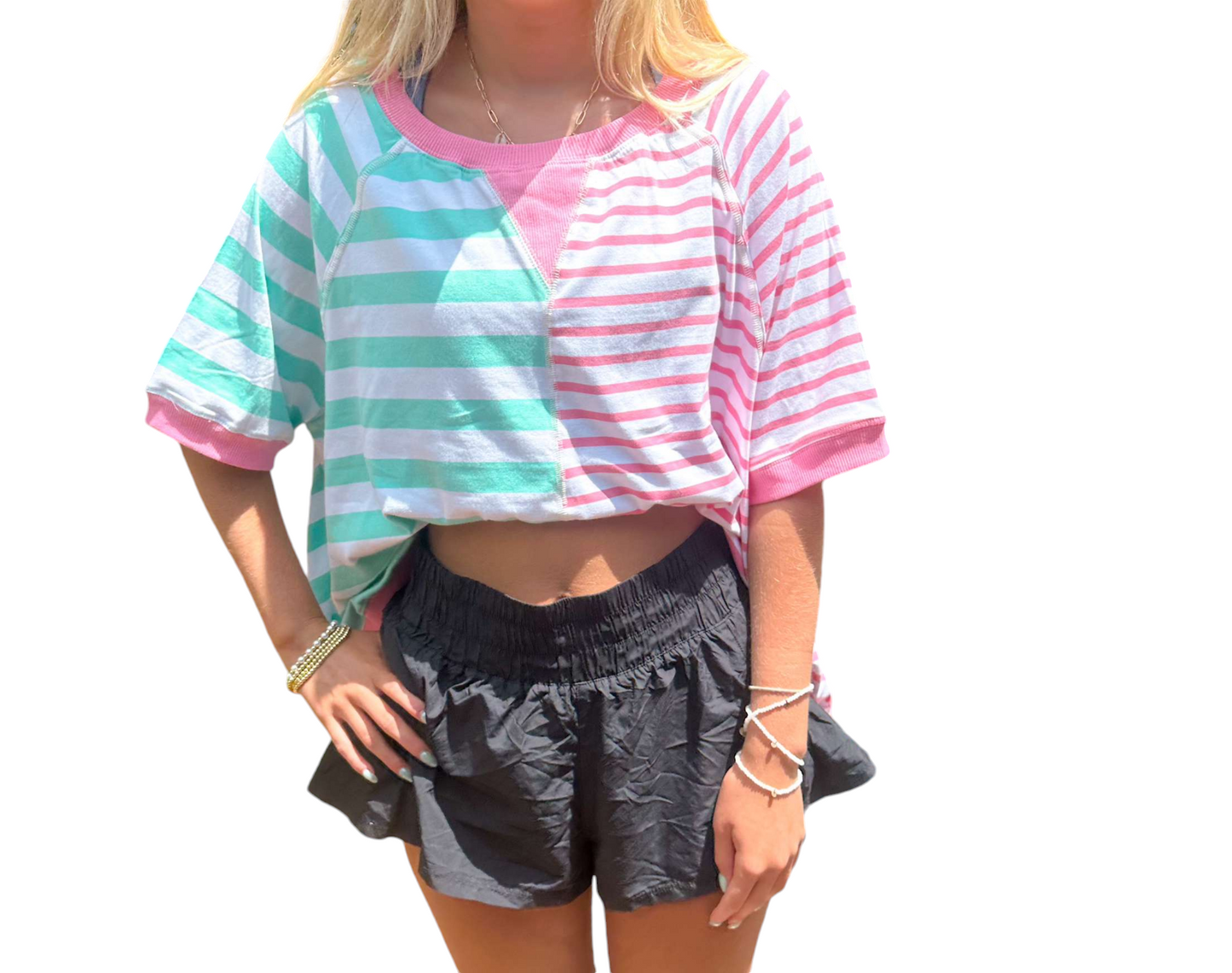 Patchwork Paradise: Oversized Blue and Pink Striped Top