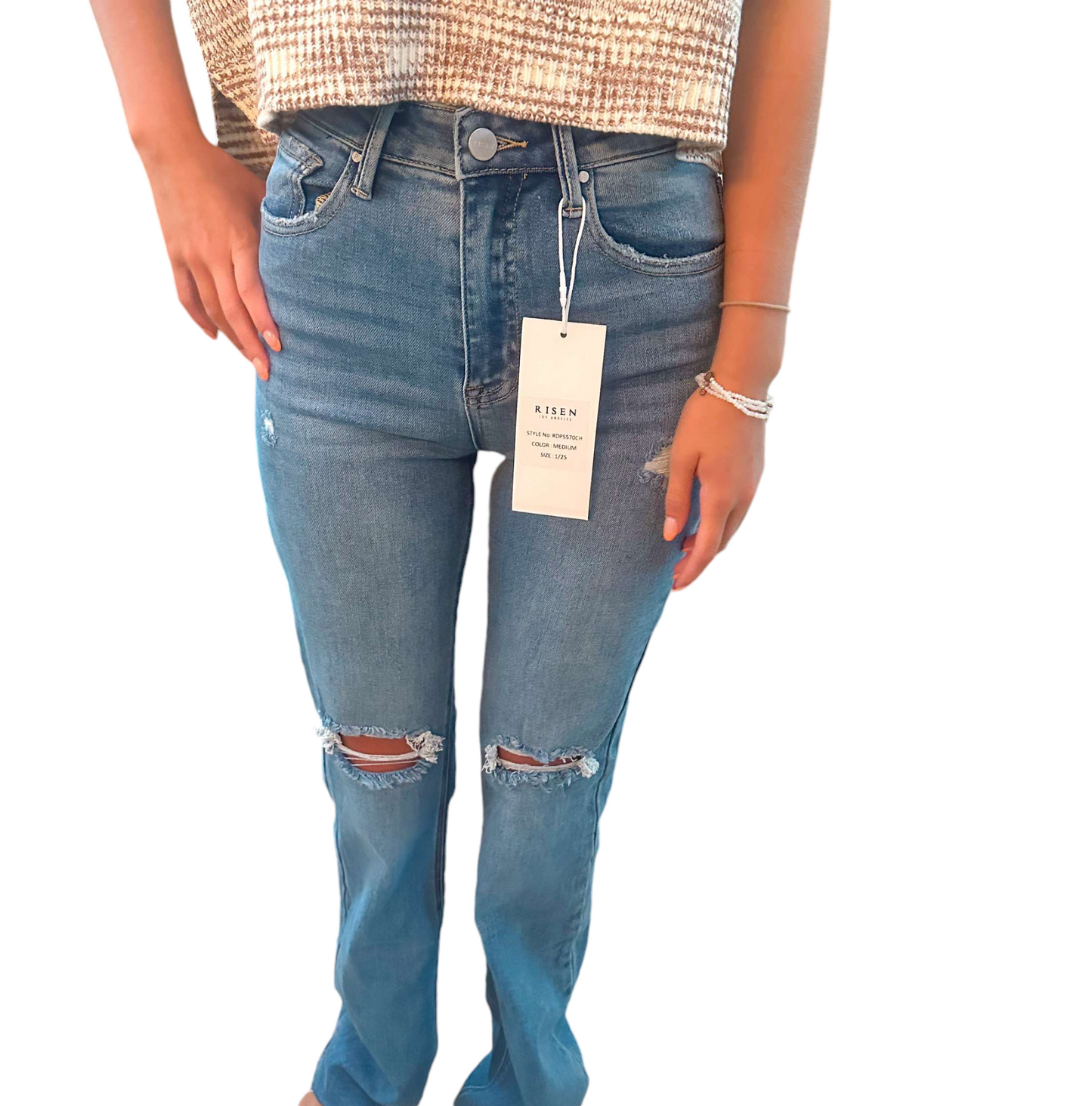 Distressed Medium Wash Flare Jeans with High Rise Style