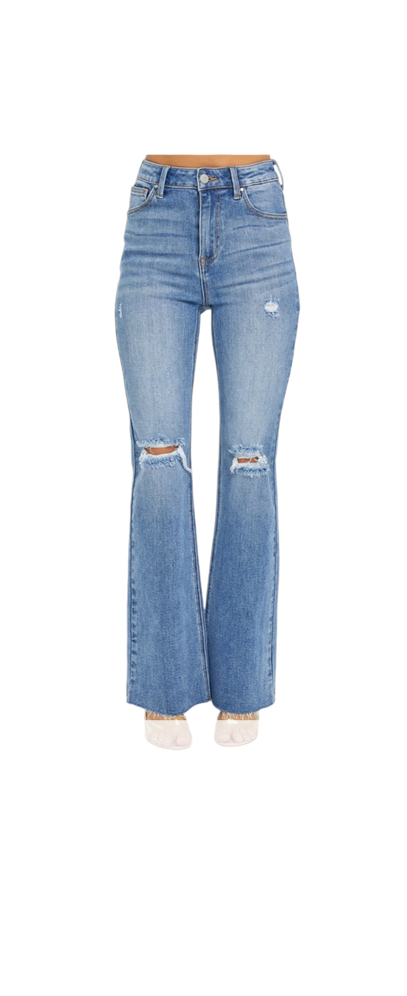 Distressed Medium Wash Flare Jeans with High Rise Style