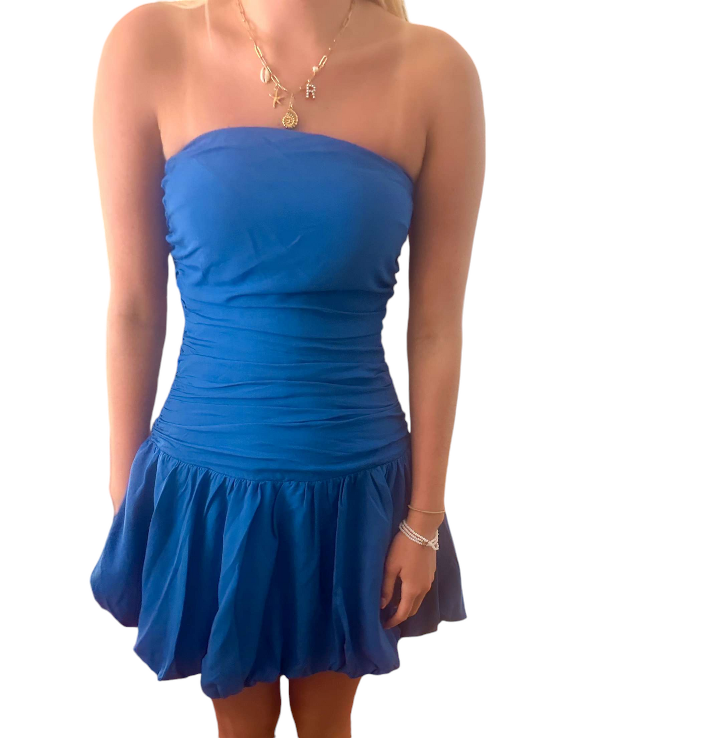 Vibrant Celeste Blue Strapless Bubble Mini Dress