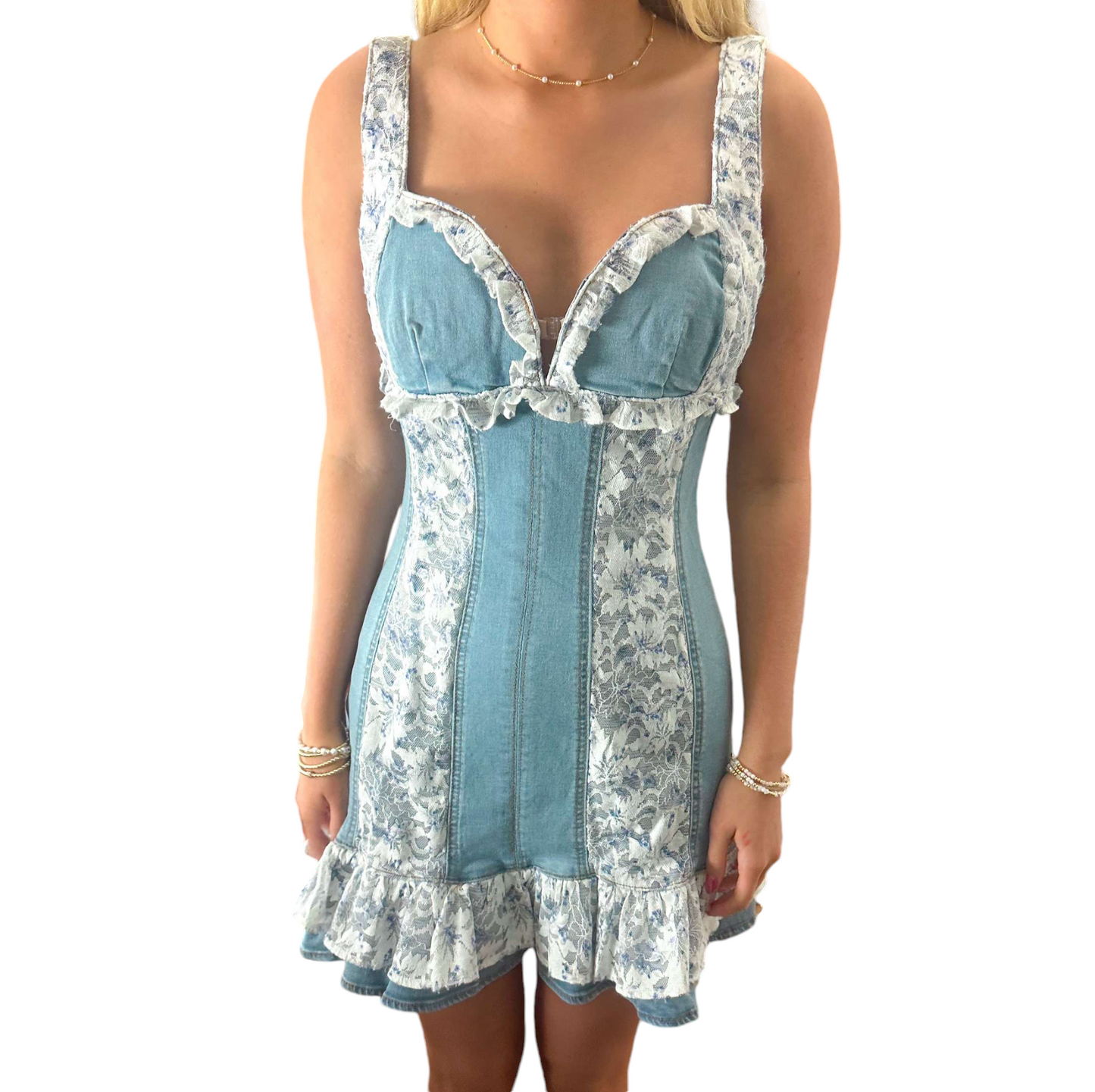 Denim Delight: Lace & Floral Ruffle Dress