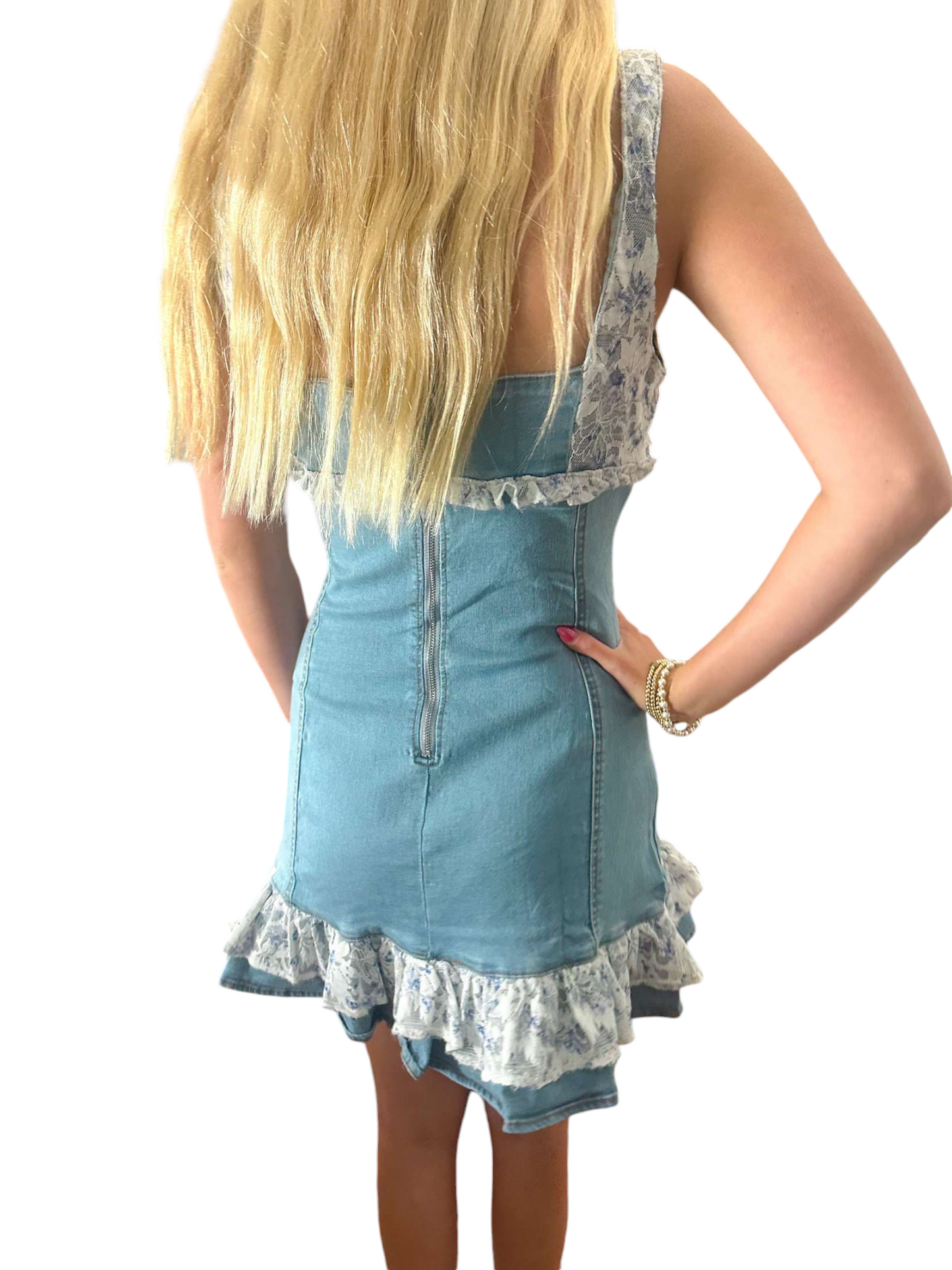 Denim Delight: Lace & Floral Ruffle Dress