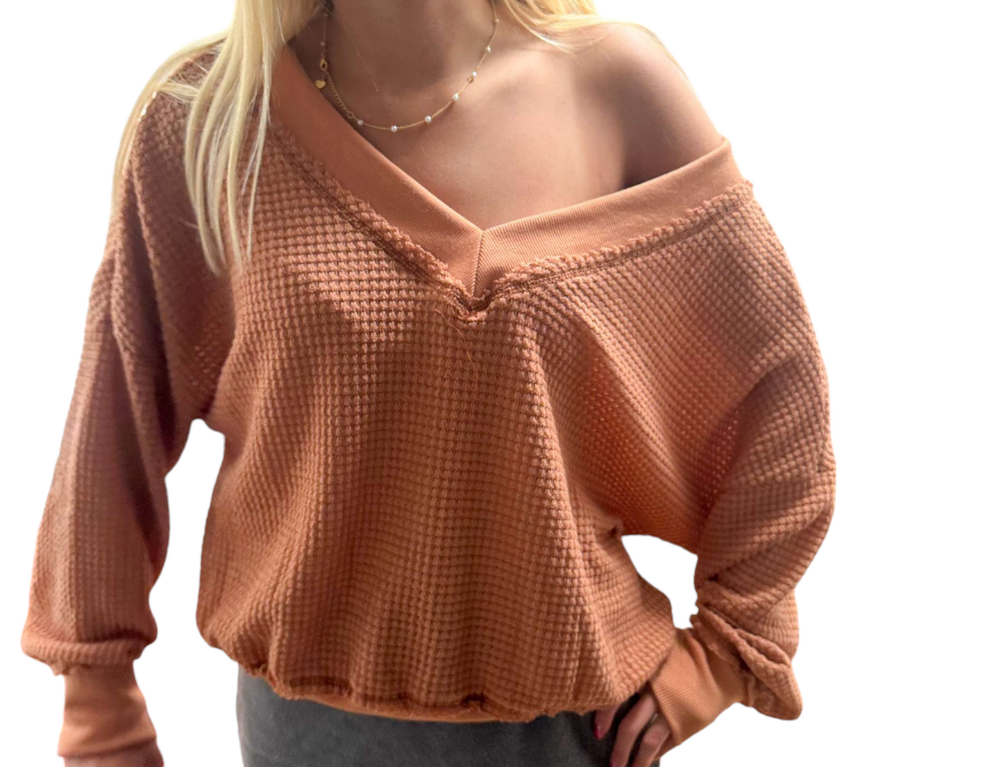 Ginger Spice V Neck Waffle Knit Top