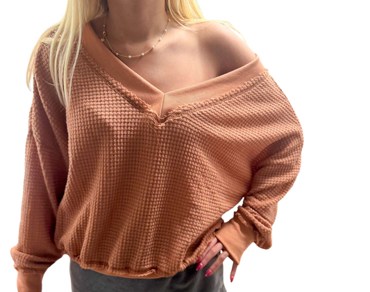 Ginger Spice V Neck Waffle Knit Top