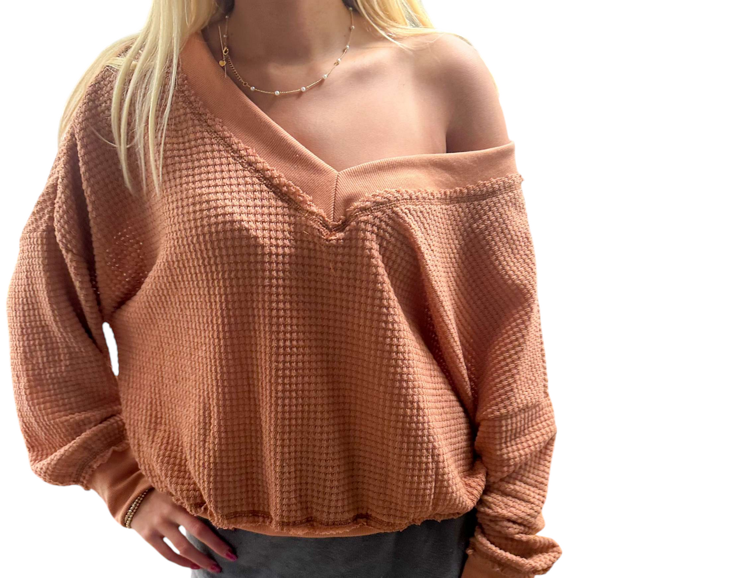 Ginger Spice V Neck Waffle Knit Top