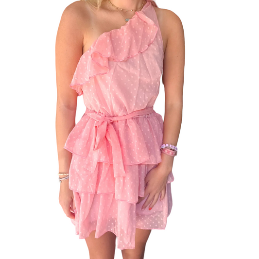 Ruffled Elegance: Light Pink One-Shoulder Dream Dress