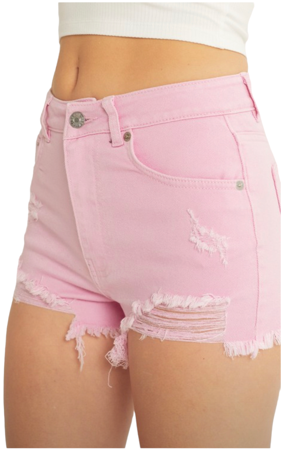 Pink frayed denim shorts