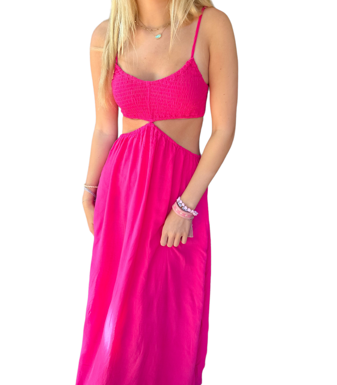 Natalie Hot Pink Cut-Out Maxi Dress with Smocked Sleeves – Preppy