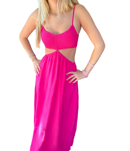 Hot Pink Cut-Out Maxi Dress with Smocked Sleeves