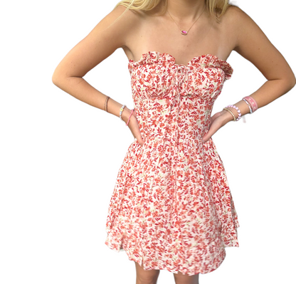 Floral Charm: Red Strapless Mini Dress with Ties