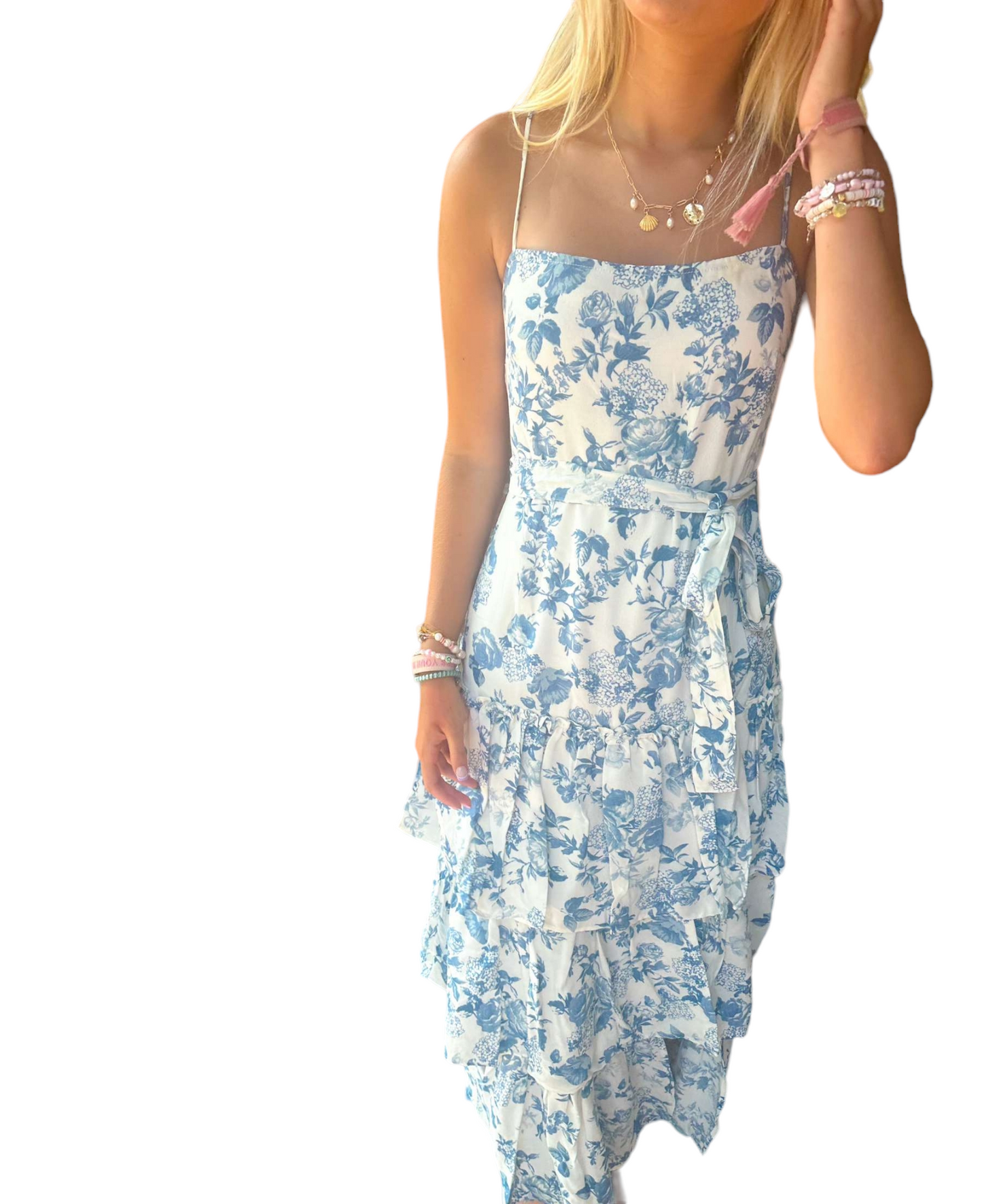 Elegant Paisley High-Slit Midi Dress with Ruffled Layers