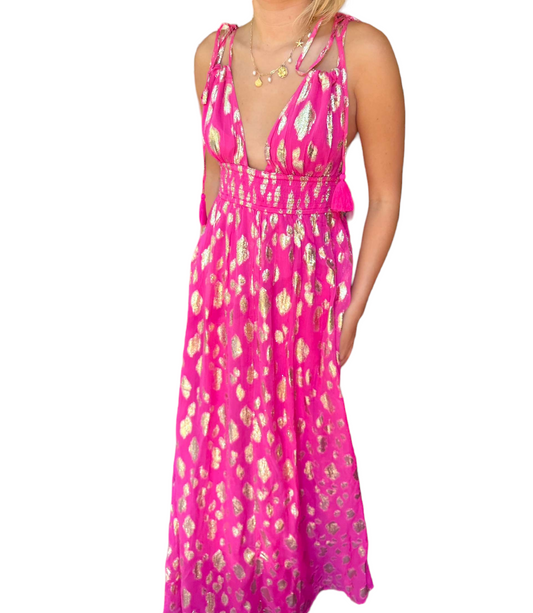 Sparkling Elegance: Tie Shoulder Maxi Dress with Lurex Spots