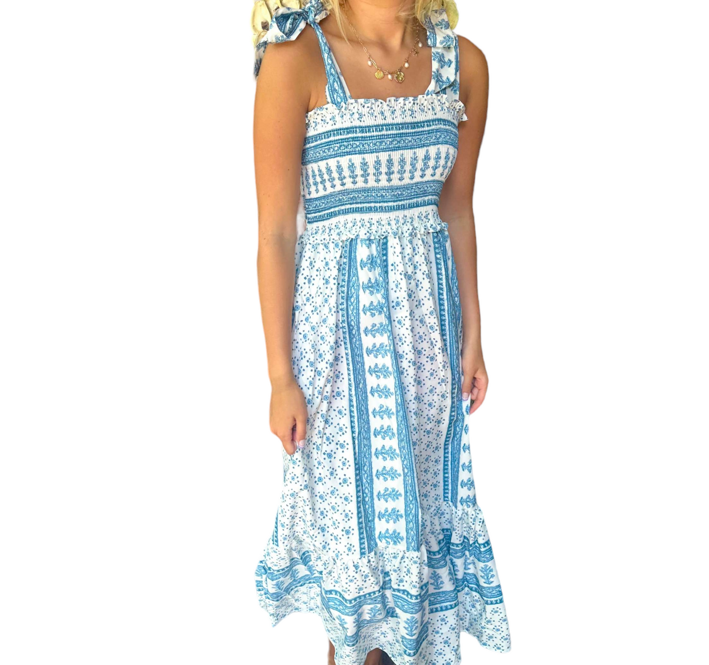 Tie-Shoulder Smocked Midi Dress