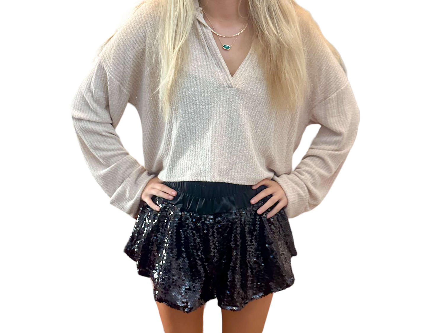 Sparkling Black Sequin Skirt-Shorts with Satin Waistband