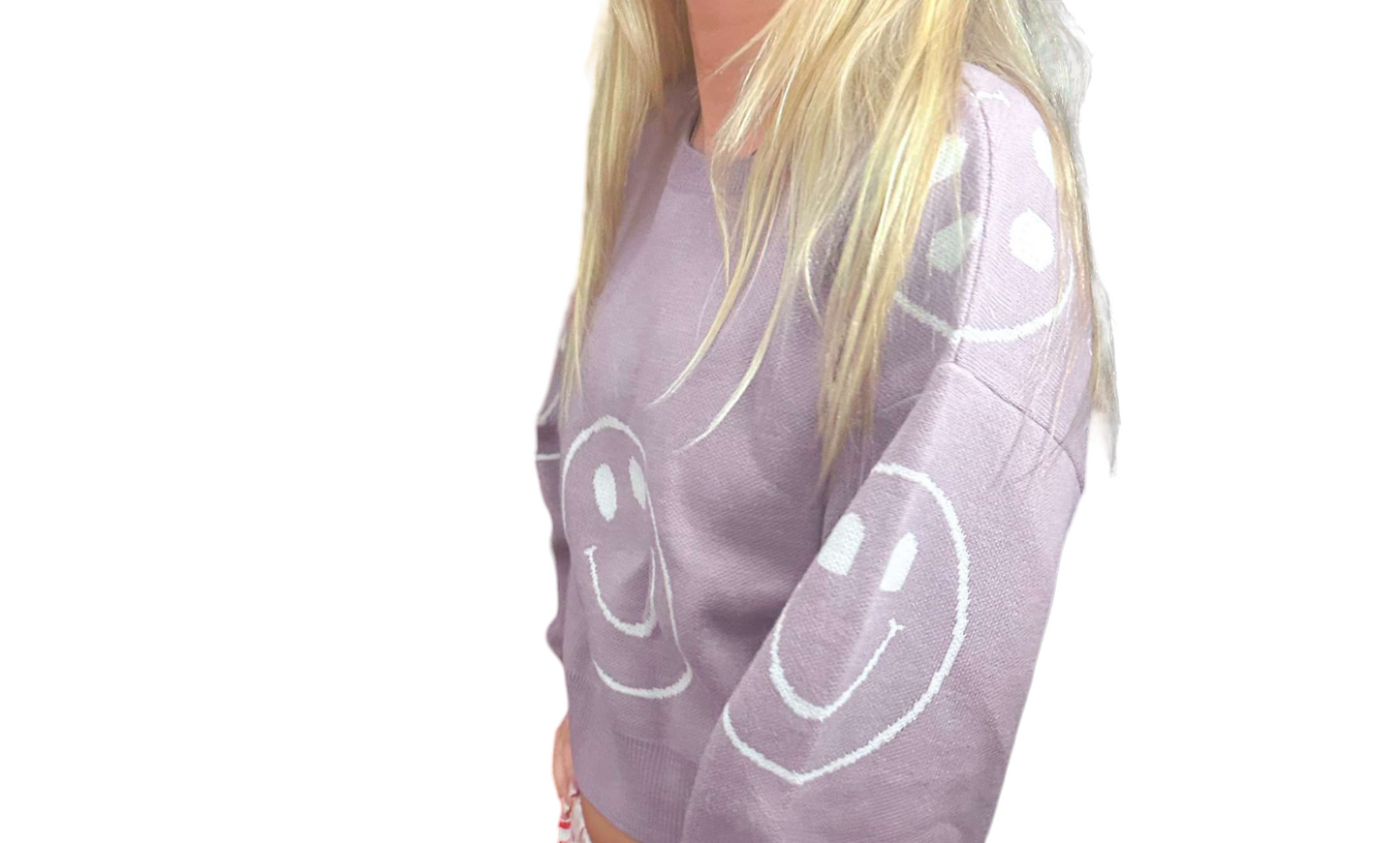 Smiley Vibes Lavender Crop Sweater