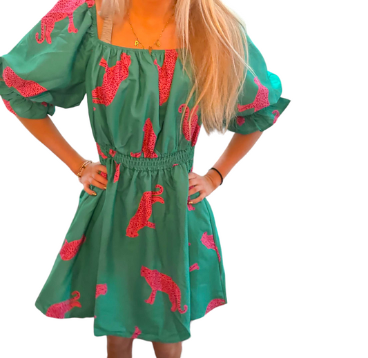 Savannah Chic: Pink & Green Cheetah Puff Sleeve Dress