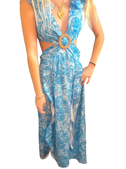 Azure Blooms Backless Maxi Dress