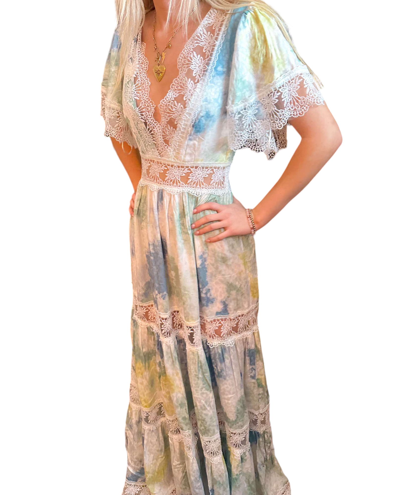 Bohemian Dream: V-Neck Tie-Dye Maxi Dress with Angel Lace Sleeves Large