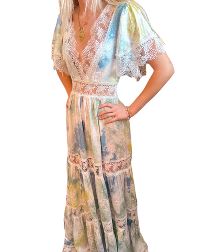 Bohemian Dream: V-Neck Tie-Dye Maxi Dress with Angel Lace Sleeves