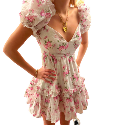 Floral Fantasy V-Neck Mini Dress with Ruffle Back