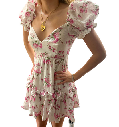 Floral Fantasy V-Neck Mini Dress with Ruffle Back