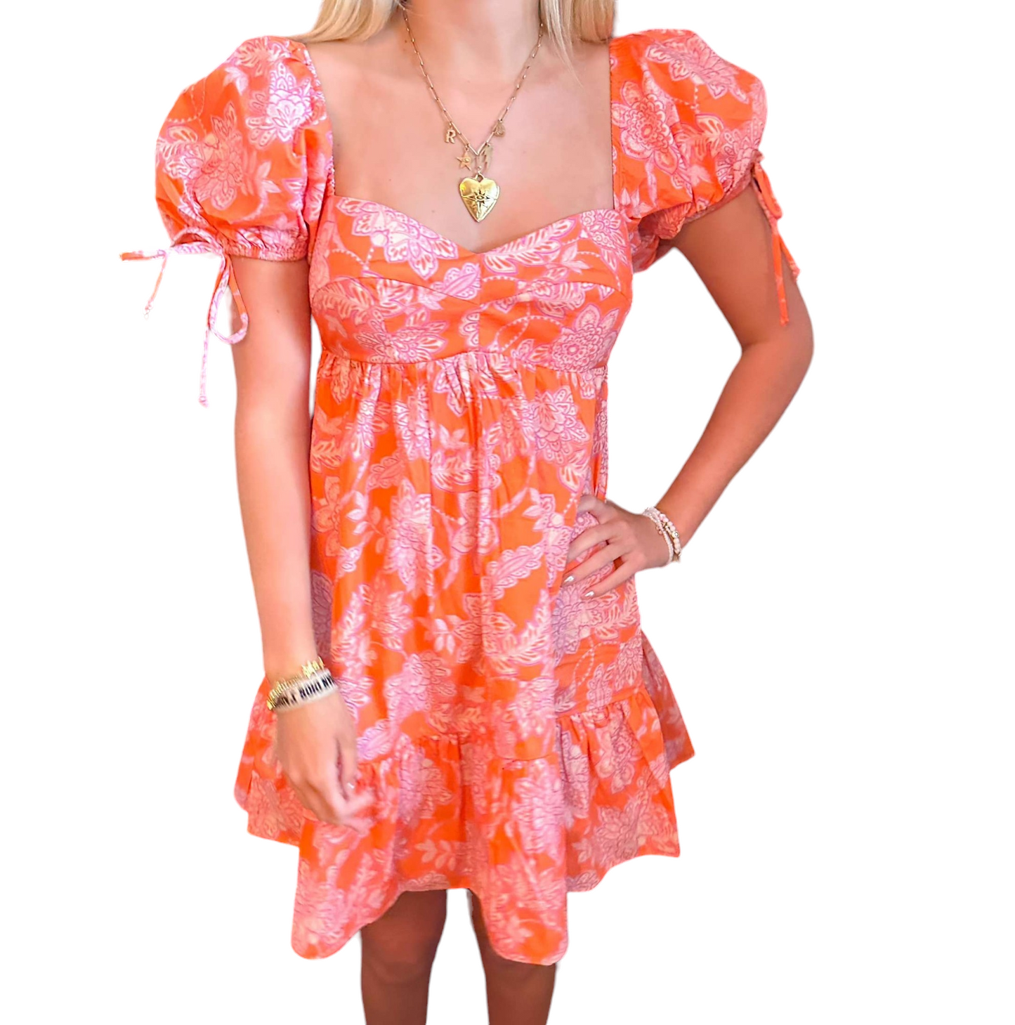 Blossom Breeze Babydoll Dress in Orange and Pink