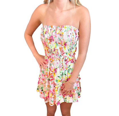 Floral Dream Strapless Mini Dress with Ruffle Accents