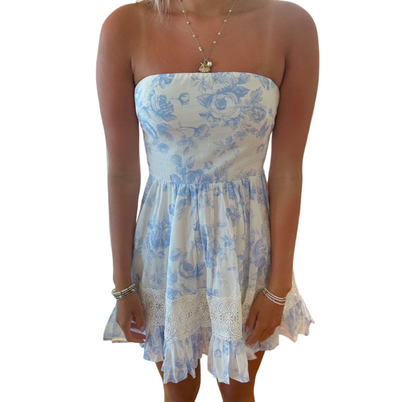 Floral Fantasy Strapless Lace Ruffle Mini Dress