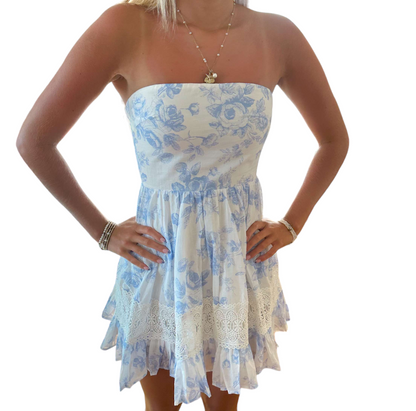 Floral Fantasy Strapless Lace Ruffle Mini Dress