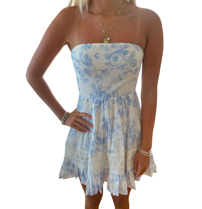 Floral Fantasy Strapless Lace Ruffle Mini Dress